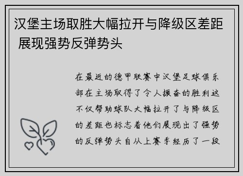 汉堡主场取胜大幅拉开与降级区差距 展现强势反弹势头