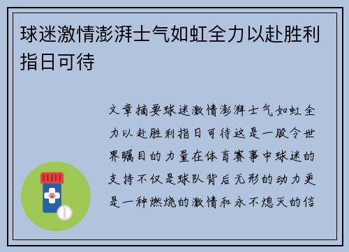 球迷激情澎湃士气如虹全力以赴胜利指日可待