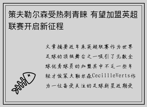 策夫勒尔森受热刺青睐 有望加盟英超联赛开启新征程