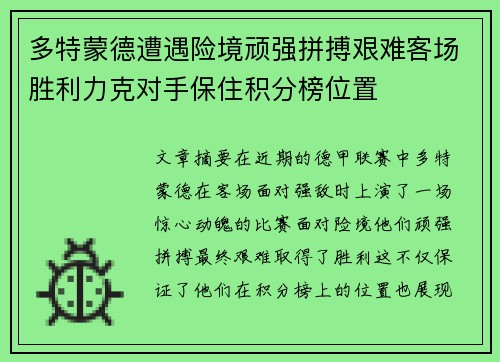 多特蒙德遭遇险境顽强拼搏艰难客场胜利力克对手保住积分榜位置