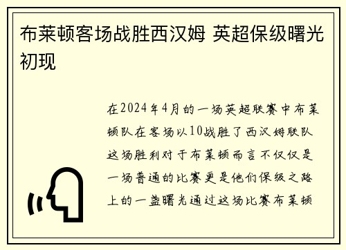 布莱顿客场战胜西汉姆 英超保级曙光初现