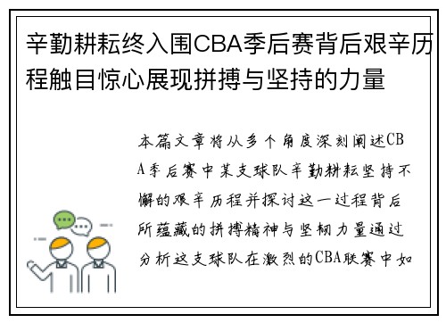 辛勤耕耘终入围CBA季后赛背后艰辛历程触目惊心展现拼搏与坚持的力量