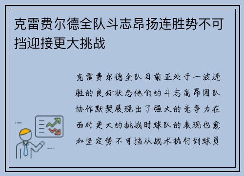 克雷费尔德全队斗志昂扬连胜势不可挡迎接更大挑战