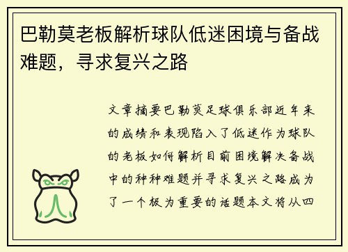 巴勒莫老板解析球队低迷困境与备战难题，寻求复兴之路